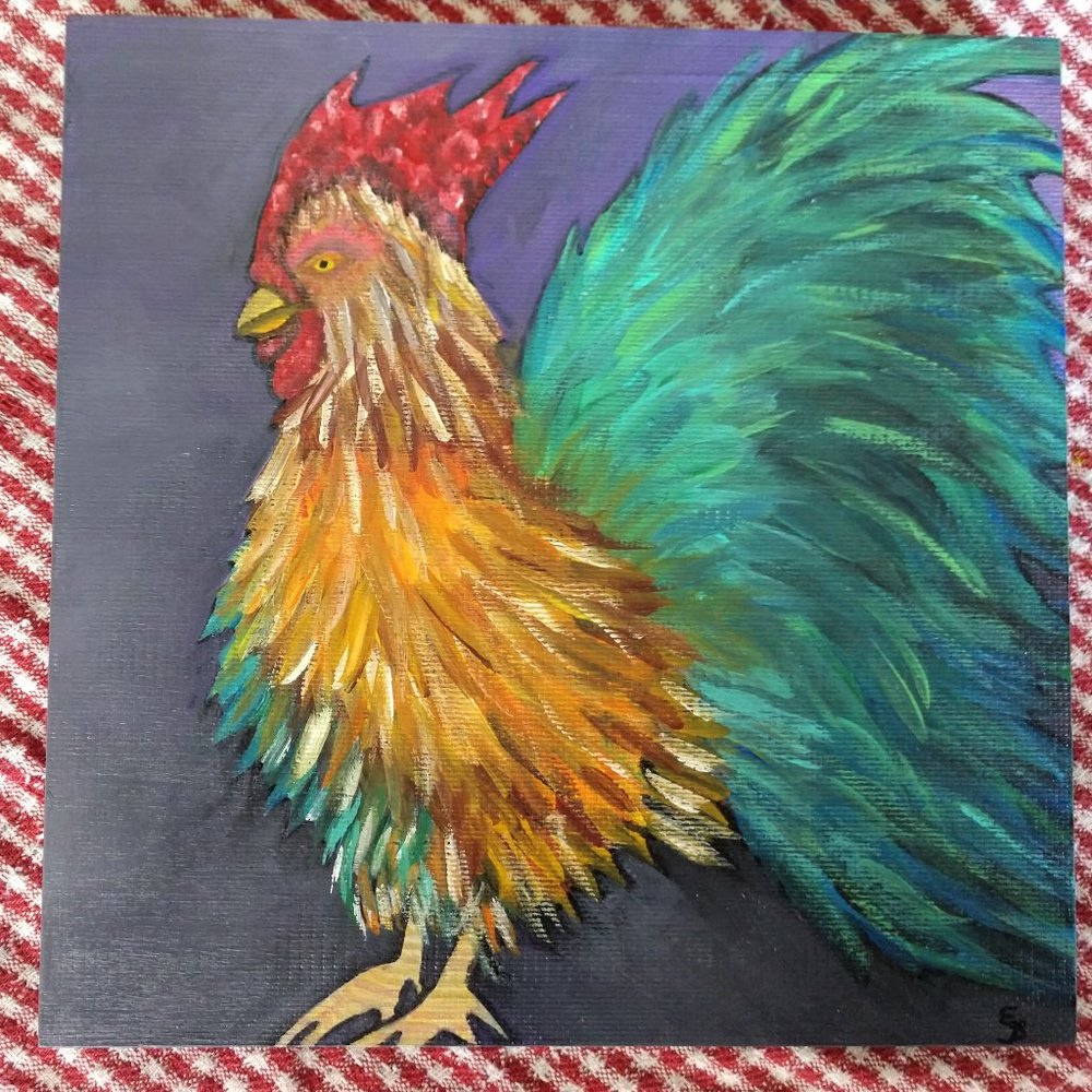 Handmade Painting Of A Rooster On 8x8 Wooden Square Canvas Hand Painted Chicken